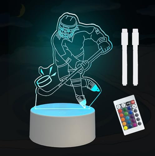 LELYFIT 3D Lampe Eishockey, Mit löschbarem Stift，mit Fernsteuerung,16 Farbwechsel Touch Switch Tisch Schreibtisch Dekoration Lampen，ein Geschenk für Familie, Freunde und Kinder