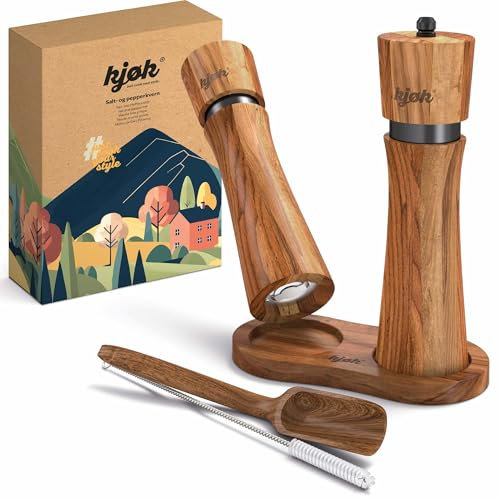 kjøk Premium Macina sale e pepe in massiccio legno di acacia con sottopiatto, spazzola per la pulizia e cucchiaino dosatore - Set di macinini in legno con macinino in ceramica