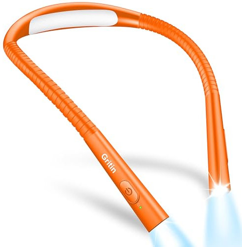 Gritin Leselampe Hals, Buchlampe Bett mit 4 Farben & 5 Helligkeit - Stufenlos Dimmbar, Augenschutz, Aufladbar 80h Dauer, Einstellarm, Ergonomisch Leselicht für Lesen im Bett, Orange
