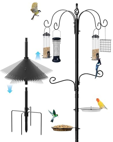 Bird Feeding Station, 94 Inch Wild Bird Feeders Pole with Wide Squirrel Baffle, 6-Hook, 4 Feeders, Water and Mesh Tray Humming Bird Feeders Stand for Outdoors Courtyards Gardens