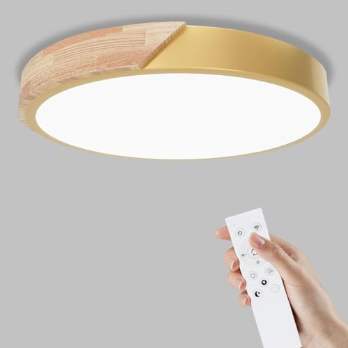 Yexati Lámpara de Techo Regulable,24W Plafon LED Techo con Mando a Distancia,3000K-6000K,Lampara LED Techo Modernos de Madera,Dorado