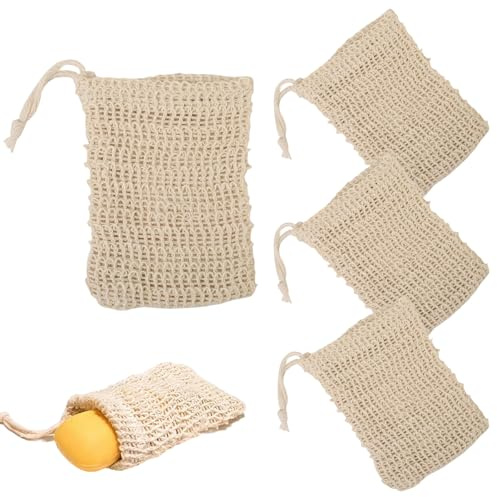 ChainYao 4Pcs Natural Sisal Soap Saver Bags, Eco-Friendly Reusable Soap Pouches with Drawstring, Exfoliating Shower Mesh Bags for Bar Soap Foaming Drying, Bath & Shower Accessories