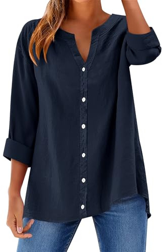 Rapbin Womens Tops Long Sleeve Cotton Shirts V Neck Button Down Clothes Casual Work Office Ladies Loose Shirt Blouses Navy Blue L