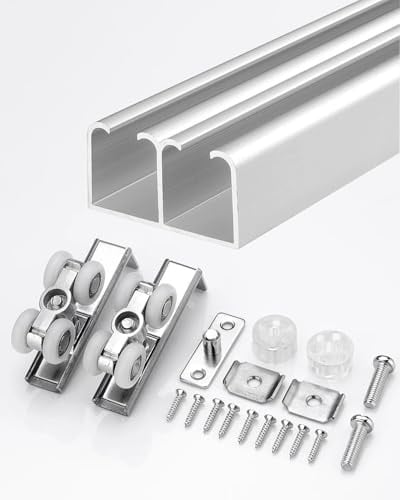Riel Puerta Corredera Riel Doble para Armario de 70, 80, 100, 120, 200, 240, 300 Y 360 cm, Kit de Herrajes para Rieles de Armario/Puertas Correderas de Montaje(Silver,2.7m/8.9ft)