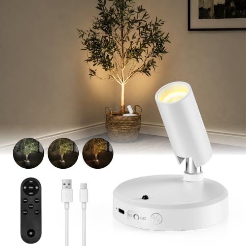 EZVALO 5500mAh Rechargeable Spot Lights Indoor, Wireless LED Spotlight | Plant, Picture, Art & Display Lighting, Battery Operated, Stick-On, Remote & Timer, Dimmable, 3 CCT, Uplighting Effect, White