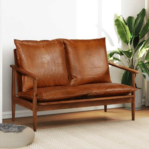 Mokuyary 2-Sitzer-Sofa aus echtem Leder mit Akazienholz, braun, Sofa für Wohnzimmer, Gästezimmer, kleine Räume, Wohnung, Büro