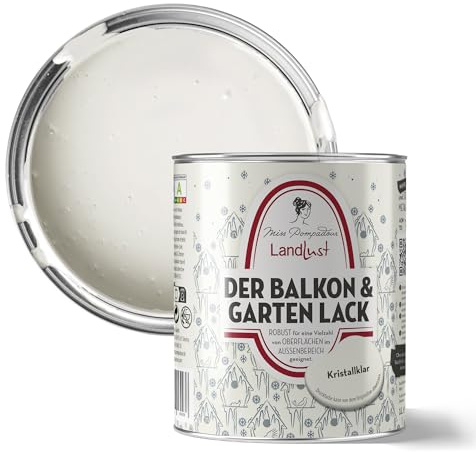 MissPompadour Balkon & Garten Außenlack Kristallklar Weiß 1 L | Wasserbasiert, seidenmatt, Holzlack mit UV Schutz, für Holz, Metall, Hart PVC, Fliesen und steinartige Untergründe