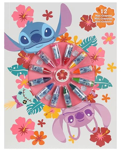 sarcia.eu Kreativ Malset für Kinder, Schreib und Malset mit Notizbuch und 12 Mini-Wachsmalstiften (Disney Stitch Angel)