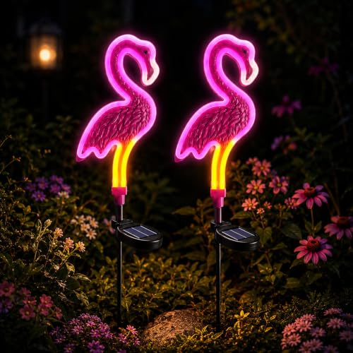 IWTBNOA 2 Stück Solar Flamingo Gartendeko, Solardeko Flamingo Aussen Garten Deko, Schöne Außenhof Dekoration Lampe, Gartenstecker Solar für wetterfest, Garten für Pfad Weg Rasen Hof