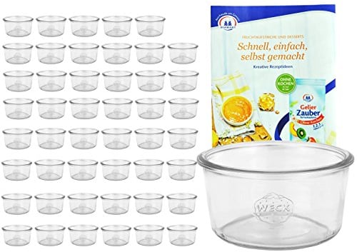 48er Set Original WECK Mini-Sturzglas 50 ml, Rundrandglas RR60 + GRATIS Rezeptheft, Teelichthalter, kleines Dekoglas, Einmachglas ohne Deckel, Einweckglas, Einkochen + Konservieren mit Weckgläsern