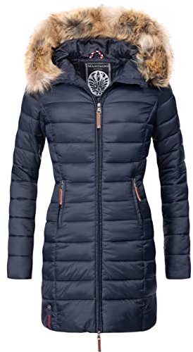 MARIKOO Damen Wintermantel warmer Steppmantel lang mit Kapuze und abnehmbarem Kunstfell-Kragen Rose Blau Gr. L