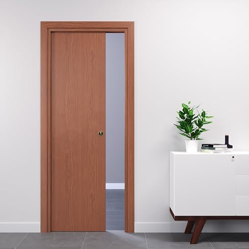Porte Italiane, Porta Scorrevole Interno Muro, Porta a Scomparsa in Legno, Telaio in HDF e Coprifili Waterproof, Colore Ciliegio, 80x210 cm, con Serratura Ottone Lucido