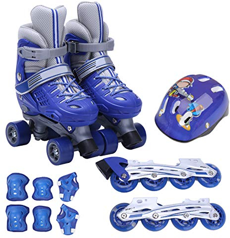 ZCRFY Rollschuhe Kinder mädchen Jungen Verstellbar Inline Skates Quad Roller für 6-12 Jahre Inliner Mit Schutzausrüstung Helm Set,Blue-S(26-30)