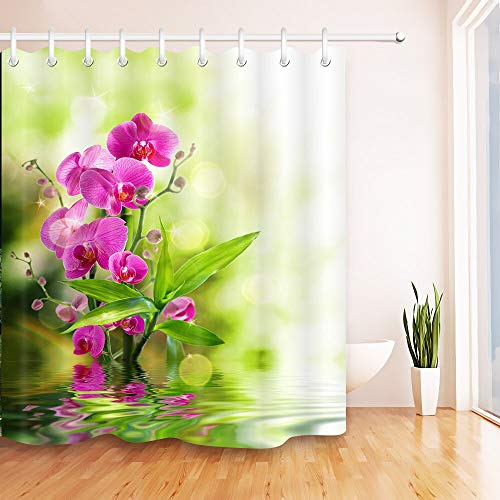 qhtqtt Duschvorhang Orchidee Und Bambusblatt Für Spa Auf Wasser Duschvorhang Pflanze Und Floral Bad Wasserdichtes Gewebe Für Kunst Badewanne Decor 180X200 cm A