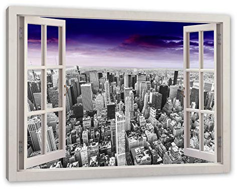Pixxprint Gigante New York alla Serata tardiva, Finestra su Tela, Stampa Artistica, 100 x 70 cm