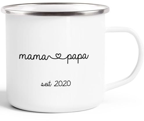 SpecialMe® Emaille-Tasse Becher Aufdruck Mama Papa Mum Dad Geschenk Eltern individualisierbar Geburtsgeschenk anpassbare Jahreszahl mama & papa weiß-metall Emailletasse