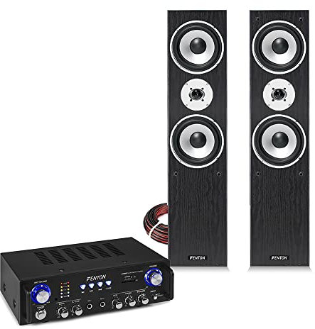 Fenton SHFT60B Bluetooth Tower Speaker System with AV100BT Amplifier - Floor Standing Hi-Fi Stereo Speakers, USB, SD MP3 Playback & Karaoke Functionality, Home Cinema Audio Solution (Black)
