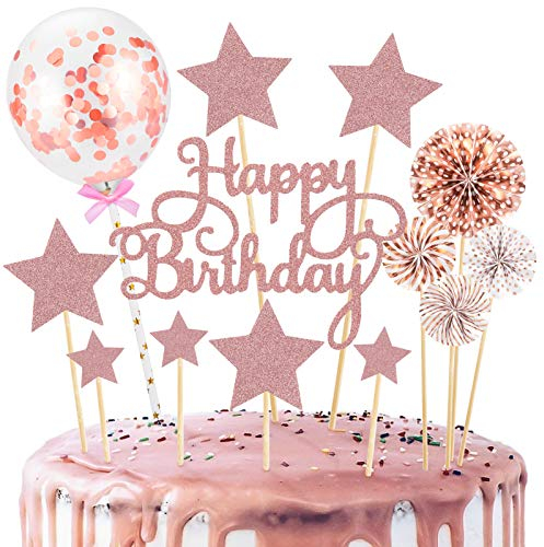 14pcs Oro Rosa Topper per Torte Compleanno con Ventilatori di Carta Coriandoli Palloncino Cupcake Topper per Tema Festa Decorazione Ragazza Ragazzo Donne Uomo
