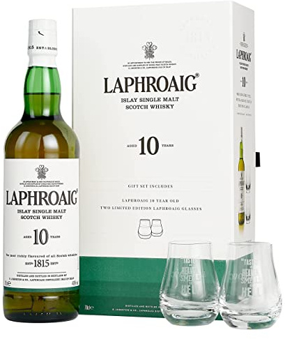 Laphroaig 10 Jahre + 2 Gläser | Islay Single Malt Scotch Whisky | mit Geschenkverpackung | einzigartig rauchig-torfiger Geschmack | 40% Vol | 700ml Einzelflasche + 2 Gläser