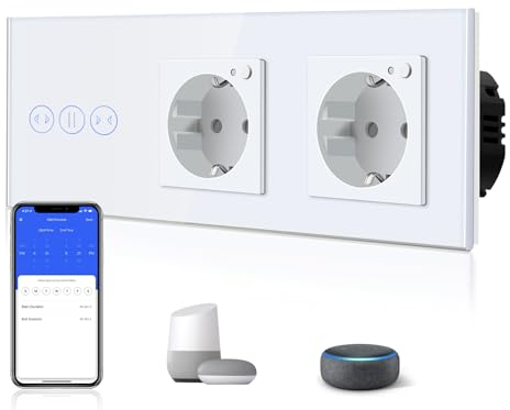 BSEED Interruptor Cortina WiFi,interruptores tactil empotrado,Inteligente Control de Porcentaje,Panel de Cristal,Control Remoto,Requiere Cable Neutro,Cortina + 1 WIFI Enchufe,228mm Blanco