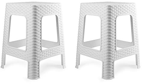 Acan Tradineur - Taburete de plástico - Fabricado en España - Diseño Rattán hogar o el Trabajo - 36 x 36 x 45 cm - Color Blanco (2 Unidades)