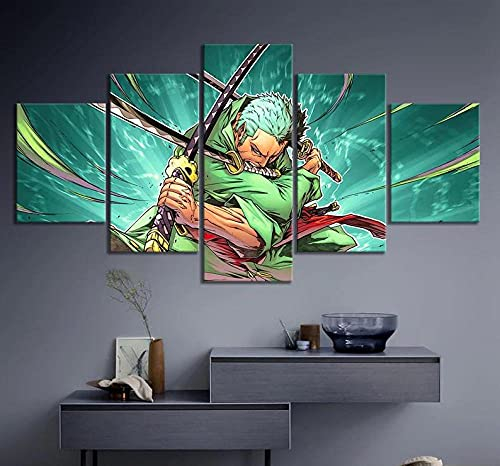 MPPSU One Piece Zoro Anime Poster Kunstdrucke Modular Wandkunst Modern Wanddekoration Wandbilder Wohnzimmer Schlafzimmer Leinwandbild 5 Teiliges Leinwände Kreatives Geschenk Mit Rahmen 100 * 50cm