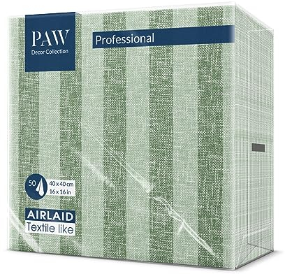 PAW - Servietten aus Airlaid - Stoffähnlich (40 x 40 cm) I 50 Stück I Ideal für Hochzeit, Taufe, Kommunion, Geburtstag I Stoffservietten - Natur, Grün, Streifen I Farbe: Linen Stripes green
