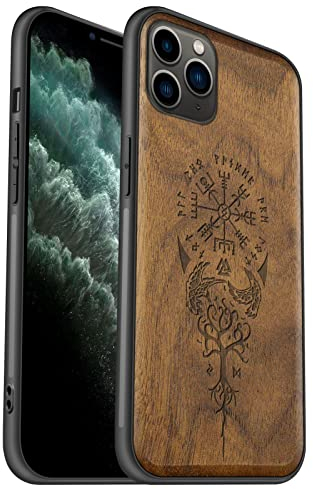Carveit Natural Wood Case for iPhone 11 Pro Max [Wood & Soft TPU] Shockproof Hybrid Protective Cover Unique & Classy Wooden Case Compatible with 11 Pro Max Luxury (Viking Compass Vegvisir-Walnut)