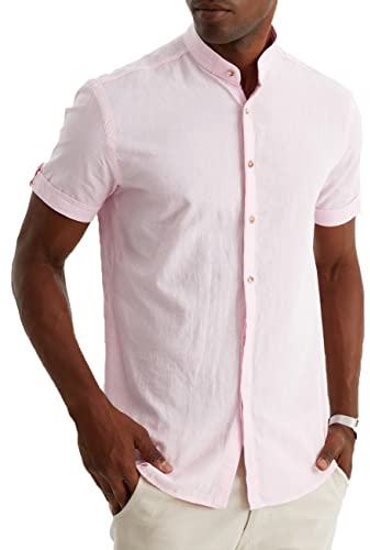 Leif Nelson Camisa de lino de manga corta para hombre, para el tiempo libre y el trabajo, mezcla de lino y algodón, ajuste regular, Color: rosa, XL