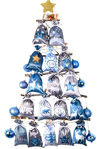 PANSIBY Adventskalender zum Befüllen, Weihnachtskalender Selbstbefüllen Aufhängen mit Blau Grau Stoff Säckchen, 24 Stoffsäckchen Groß (12x20cm) Kette zum Selber Basteln für Kinder Junge und Männer