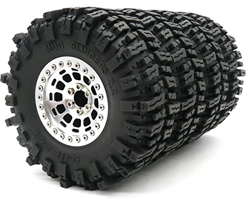 hobbysoul 2.2 Mud Rock Crawler Reifen Höhe 124mm & 2.2 Beadlock Legierungsräder Silber Für Redcat Gen8 Everest Gen7 Pro/Axial Capra Wraith/Traxxas TRX4 AMG 6x6, (4er-Pack, montiert)