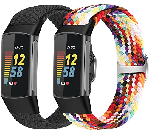 Yunshare Elastische Geflochtene Armband Nur Kompatibel mit Fitbit Charge 6/Fitbit Charge 5, Verstellbare Solo Loop Dehnbares Nylon Gewebe Ersatzarmbänder für Fitbit Charge 6/Charge 5 Damen Herren