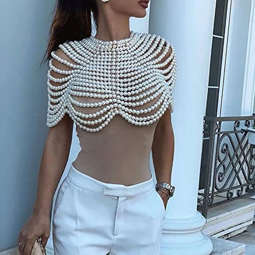 Jiawinng Perle Perlen Körperkette Halskette Für Frauen Verstellbare Quaste Perle BH Schulter Schmuck Körperkette Für Party Hochzeitsshow Bankett Cosplay Dress Accessoires,Weiß