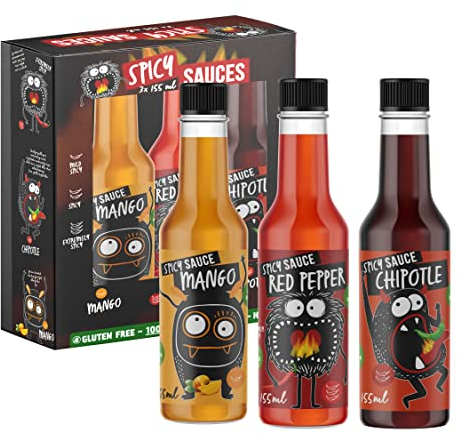 Juego de 3 salsas picantes para barbacoa, salsa de chile suave a extremadamente picante, mango suave, salsa de pimiento rojo picante, salsa de pimiento picante chipotle, juego de regalo para fans de