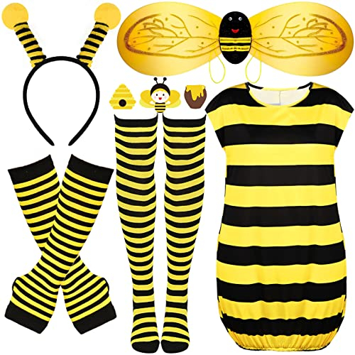 7 Stück Biene Kostüm Zubehör Set, Biene Antenne Stirnband, Gestreifte Armstulpen Knie Oberschenkel hohe Socken Biene Tutu Rock für Mädchen Jungen Halloween Cosplay Party Gastgeschenke