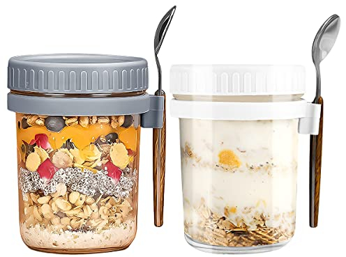 Overnight Oats Jars, Overnight Oats Container with Lid and Spoon, 10 oz Glass Mason Overnight Oats Jars with Measurement Marks, Large Capacity Airtight Jars for Milk, Cereal, Fruit (White And Grey)