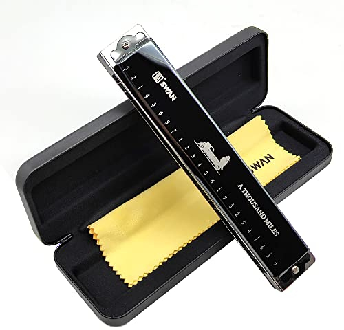SWAN Polyphone Mundharmonika mit 24 Löchern, C-Taste, verbesserte professionelle Mundharmonika für Anfänger, Spieler, Musikinstrumente, Schwarz