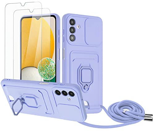 Zallagre Handykette Hülle kompatibel mit Samsung Galaxy A34 5G.[2 Stück] Schutzfolie Glas,Kameraschutz,360 Grad Ringhalter Stand,Kartenfach,Silikon hülle-Lila