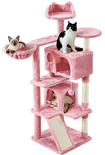costoffs Multi-Level Cat Tree, 144.5cm Cat Tower for Large Cats, Cat Activity Center with Luxurious Condos Sisal-Covered Perches Scratching Posts, Pink