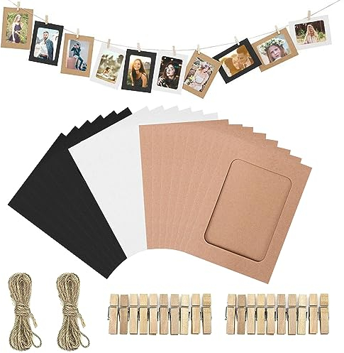 Mlysnd Colgar Fotos con Pinzas, Colgar Fotos, 20 Piezas Marco de Fotos de Papel con Clips de Madera y Cuerda para Colgar para Decoración del Hogar y Pared, Vitela