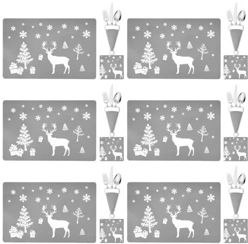 MQIAN 18 Pcs Set Christmas Placemats, 6 Placemats, 6 Coasters, 6 Cutlery Holders, Grey, Perfect for Families, Restaurants, Hotels and Cafes