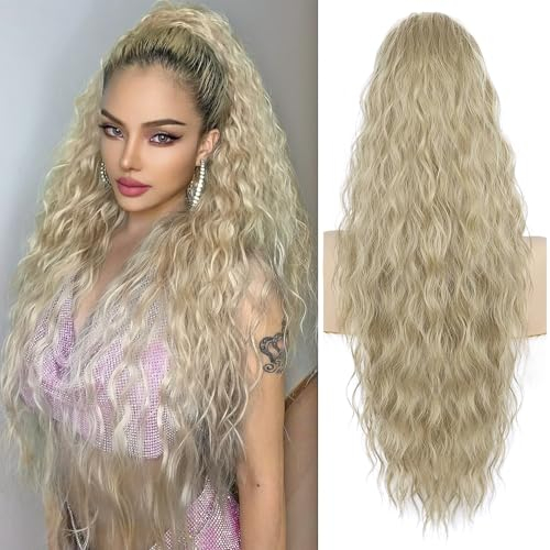 PORSMEER Pferdeschwanz Haarteil Lang 75 cm mit Kordelzug Wellig Locken Ponytail Extension Aschblond Natürliches Clip in Haarteil Ponytail Haarzopf für Damen Afro Zopf Haarverlängerunge