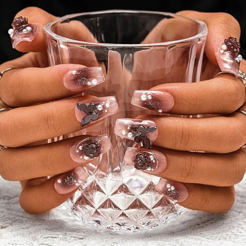 Sethexy Short Coffin Handmade False Nails - 3D Butterfly, Flower, Gradient Press on Nails Women Salon Stick on Nails 10PCS