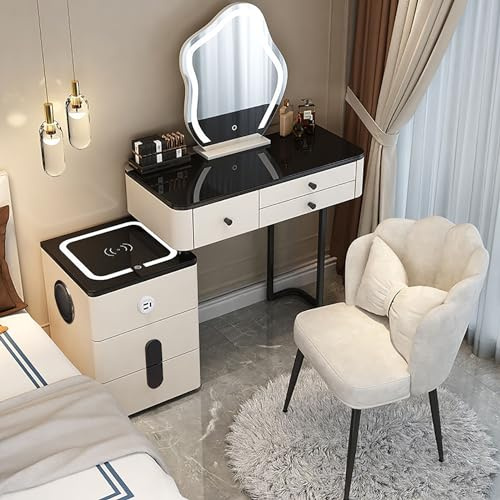 DGPBD Dressing Table Set with Wireless Charging Station and Bluetooth Speaker, Makeup Vanity Desk with 3-Color Dimmable Lighted Mirror, 5 Drawers, Cushioned Stool, Makeup Table.