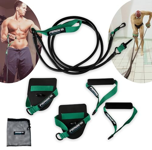 FEROK PRO Elastisches Widerstandsband mit Schwimmplättchen – Zugseil mit Pads und Griffen – Medium (Vert), Grün (Medium), Schwimmband, Trainingsgerät, Schwimmwiderstandsband, Schwimmen, Training