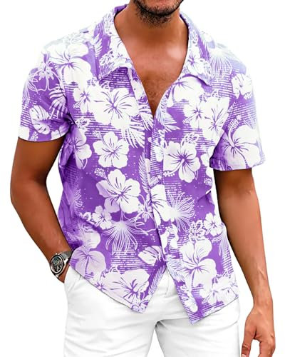 Fastkoala Uomo Hawaiane Camicie Floreali Camicia da Spiaggia Vacanze Tropicali Tops Casual Holiday Estate Button Viola L