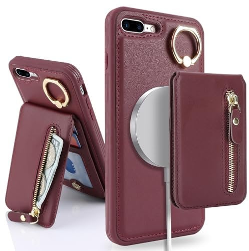 SailorTech Case for iPhone 7 Plus/8 Plus With Card Holder, Ring Stand, Kickstand, Card Slots, Wallet - Detachable 2-in-1 Zipper Cover - Burgundy