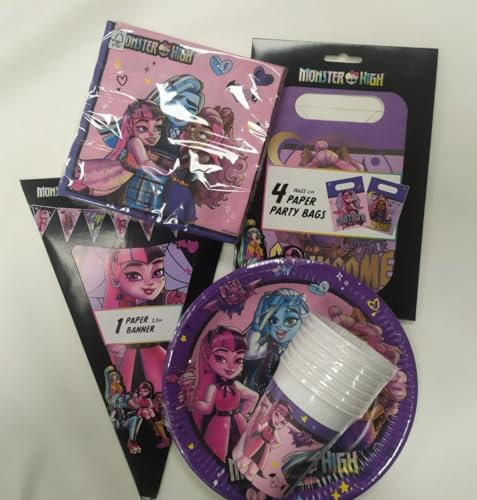Lote de Vajilla Juvenil Monster High (8 Vasos, 8 Platos, 20 Servilletas, 1 Banderín y 8 Bolsas Chuches) .Detalles y Decoración para Fiestas de Cumpleaños, Halloween, Bodas, Bautizos, Comuniones. AB