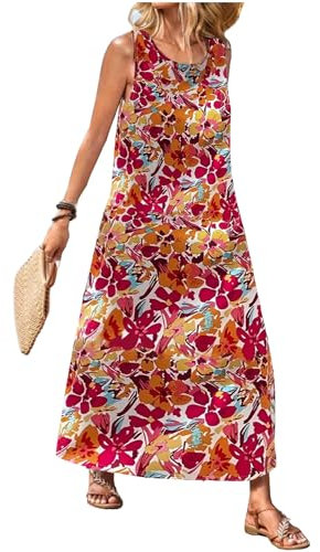 UUAISSO Robe d'été Ample et Décontractée pour Femme Longue Robe sans Manches Maxi Robe de Plage avec Poches Rose Rouge Fleurie L