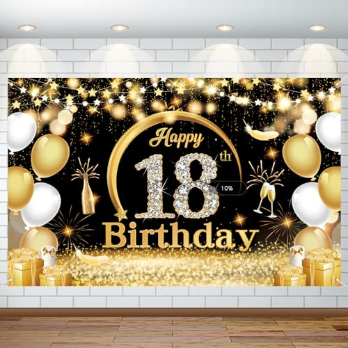 18. Geburtstag Party Dekoration Geburtstag Hintergrund Banner Deko 18 Geburtstag Jungen Mädchen Extra Große Schwarz Gold Geburtstag Banner Dekoration für Damen Geburtstag Party Supplies Foto Prop